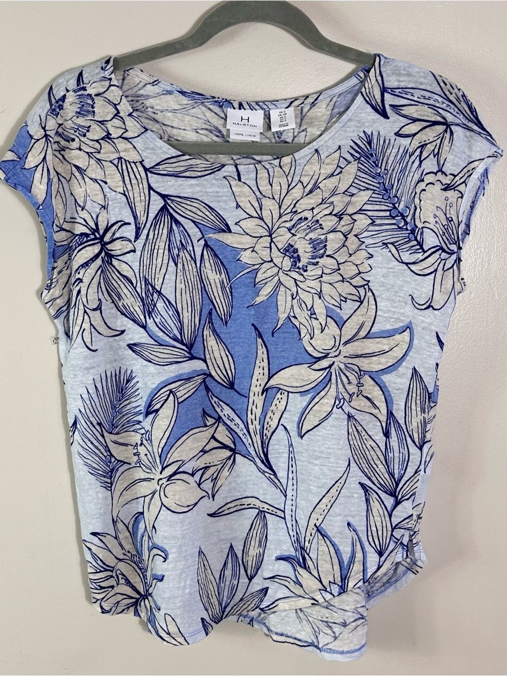 Halston Heritage Blue Floral Print Short Sleeve Tee 100% Linen
